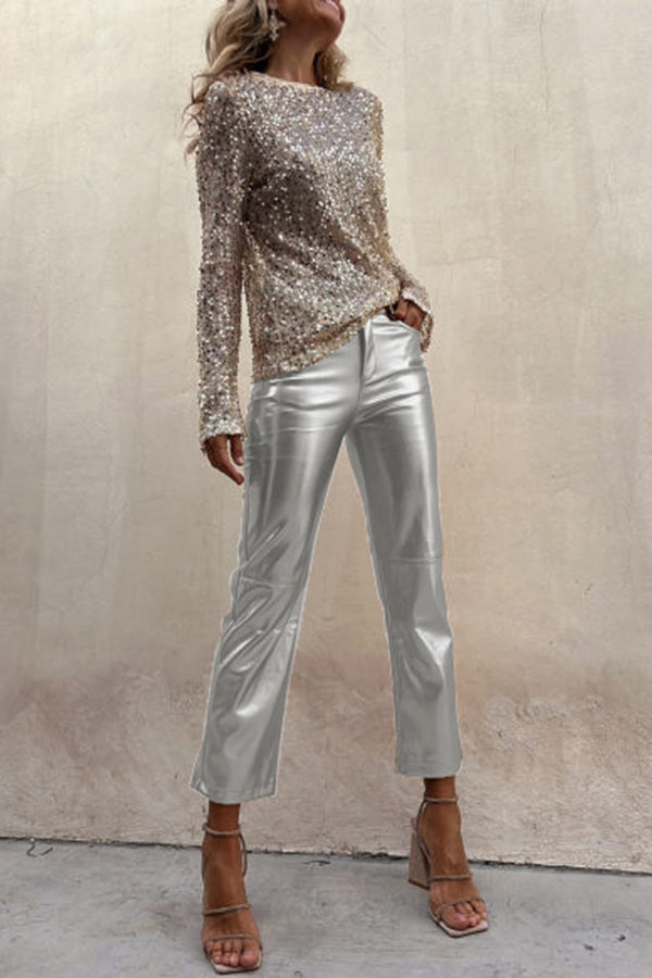 Elegante en praktische metallic hoge taille broek